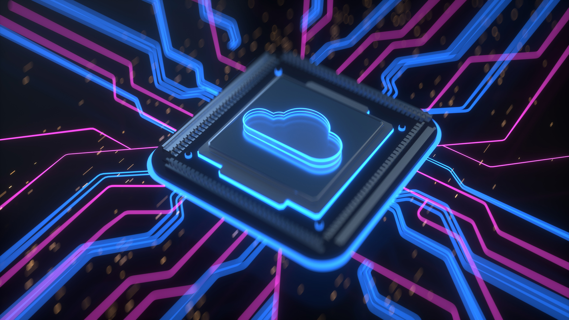 Cloud computing concept image showing a cloud symbol on a digitized server chip with flowing lines of data. 