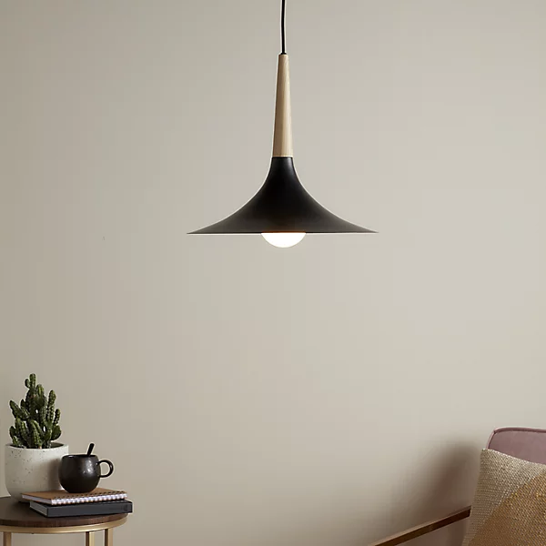 diy, GoodHome Arraqis Matt Black Wood effect Pendant ceiling light, (Dia)380mm
