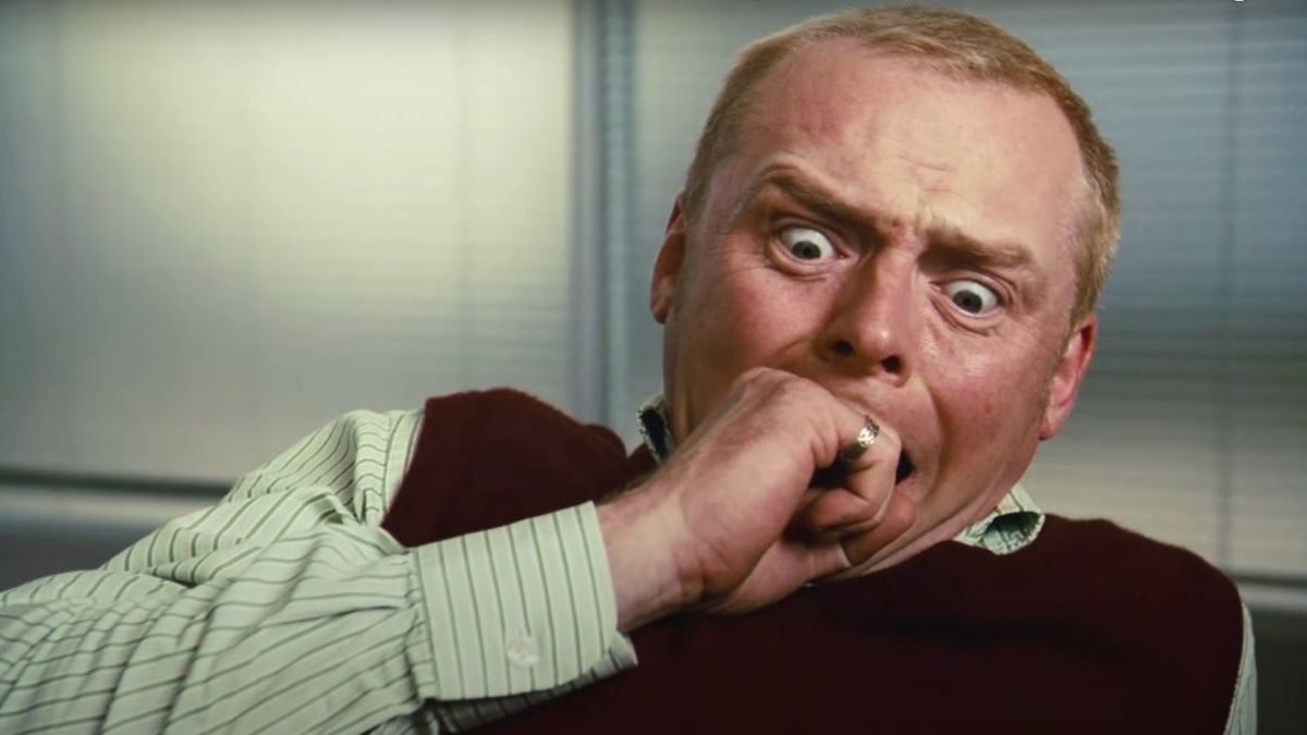 Simon Pegg laid back with an expression of panic in the trailer for How To Lose Friends and Alienate People.