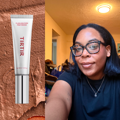 A woman with a short bob hairstyle flanked by a primer bottle on her left and a brown powder on her right. All pictures are in front of a brown, textured background of a foundation swatch.