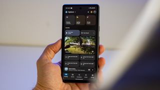 The new Google Home app 2023 redesign in dark mode on a Google Pixel 7a