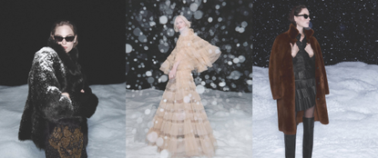 Three images of AllSaints models wearing Winter coats in front of fake snow