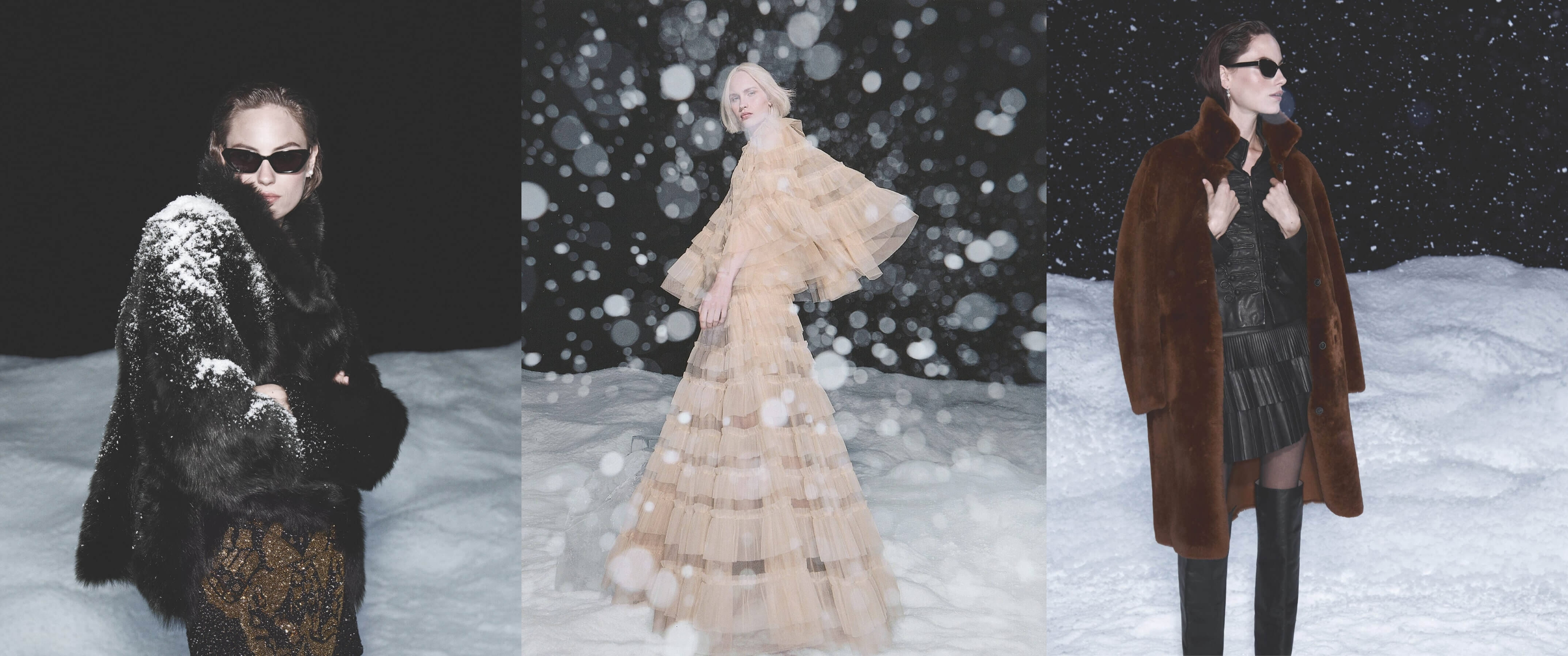 Three images of AllSaints models wearing Winter coats in front of fake snow
