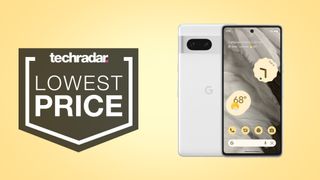Google Pixel 7 on yellow background with lowest price text