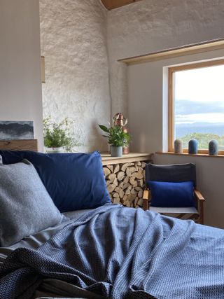 Blue and wood bedroom