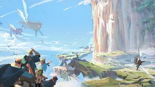 The best NFT games, represented by concept art of people flying towards a tower