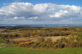 UK,Dorset,Isle of Purbeck,Newtown Viewpoint with Isle of Purbeck Golf Club,Godlingston Heath & Poole Harbour in distance