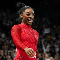 Simone Biles reacts after competing in the artistic gymnastics women's vault final during the Paris 2024 Olympic Games at the Bercy Arena in Paris, on August 3, 2024.