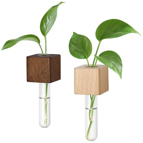 Magnetic Test Tube Flower Vases for Refrigerator, Set of 2 Wooden Fridge Magnet Planters With Glass Tubes &amp;ndash; Light &amp;amp; Dark Wood Color, Propagation Station for Hydroponic Display (no Plant Included)