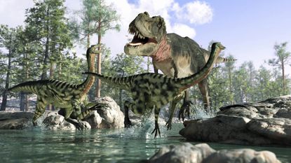 This artistic representation shows a Tyrannosaurus rex hunting Gallimimus during the Cretaceous period.