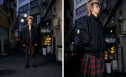 Man on Japanese street in Baracuta x Junya Watanabe Harrington jacket and kilt