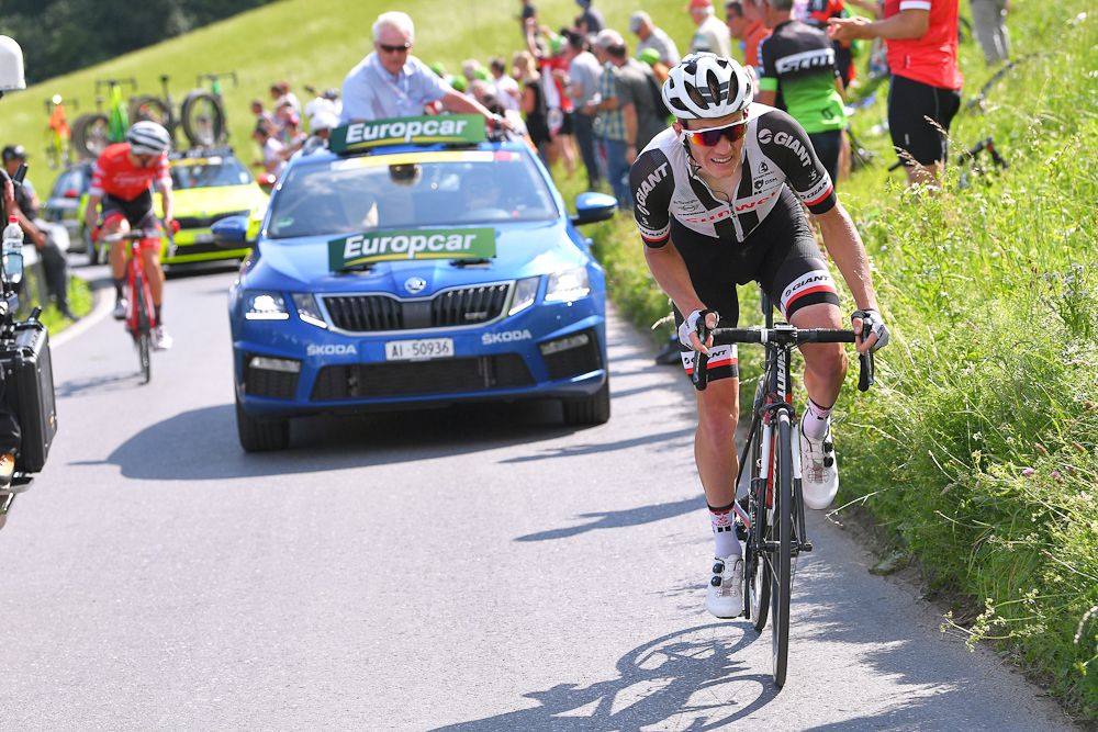 Soren Kragh Andersen (Team Sunweb) rides alone near the end of stage 6 at Tour de Suisse