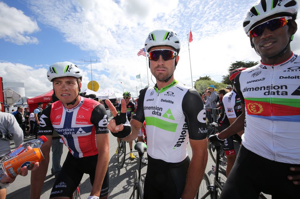Edvald Boasson Hagen with Dimension Data teammates Bernie Eisel and Daniel Teklehaimanot