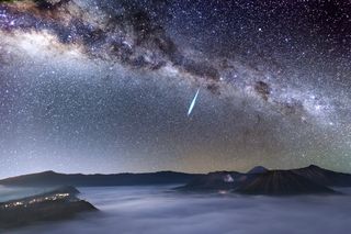 Justin Ng of Singapore captured this view of a bright Eta Aquarid meteor hurtling across the night sky over Mount Bromo, on the Indonesian island of Java.