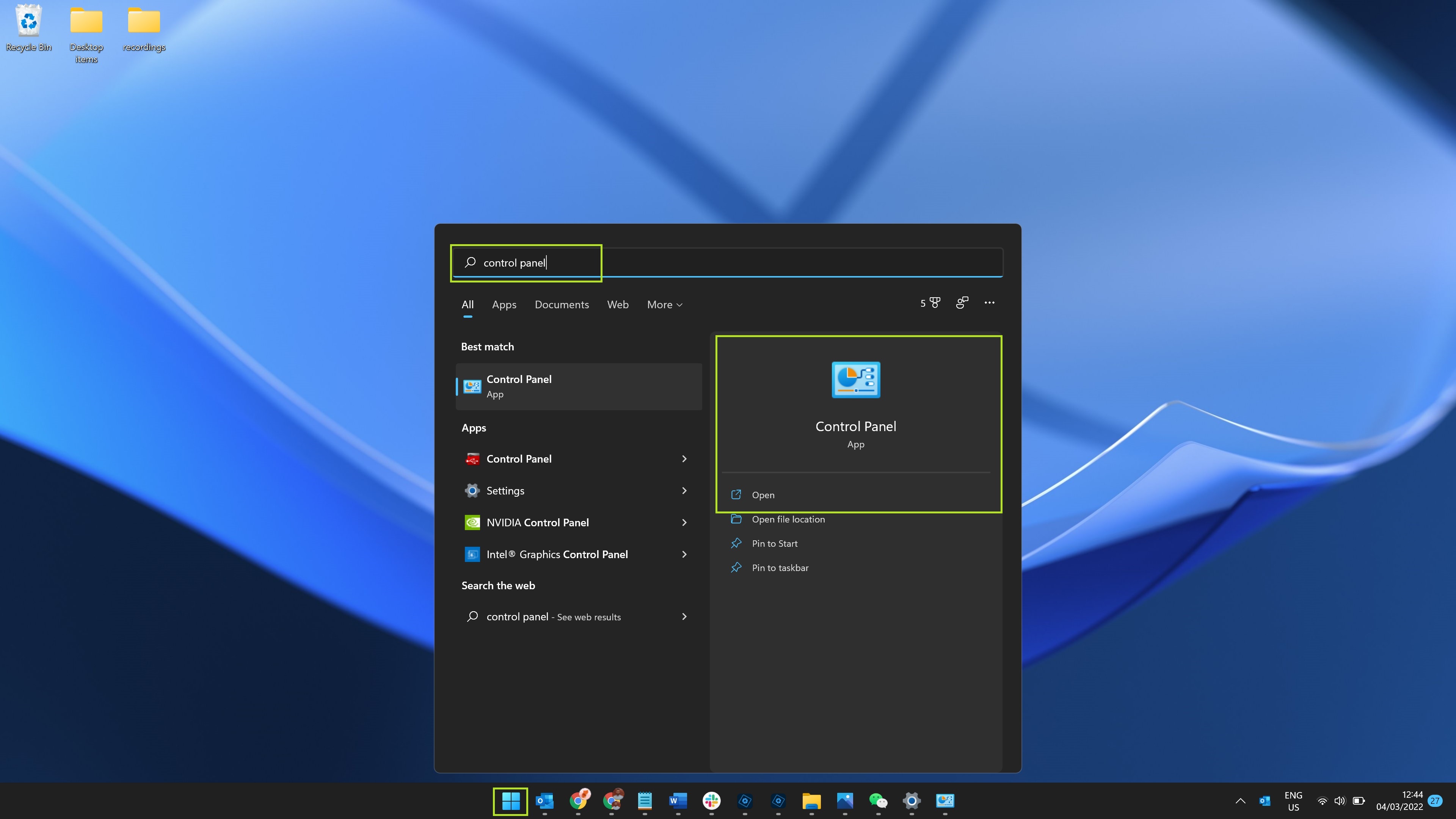 Windows 11 Start menu with control panel in search box