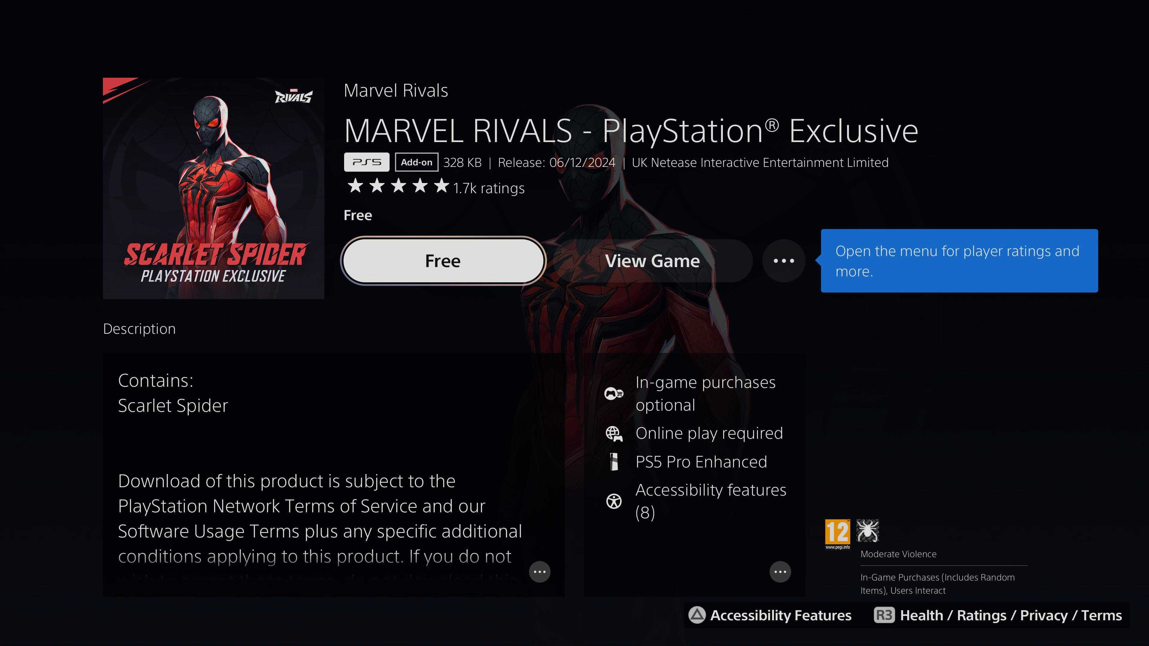 The PS Store page for Scarlet Spider