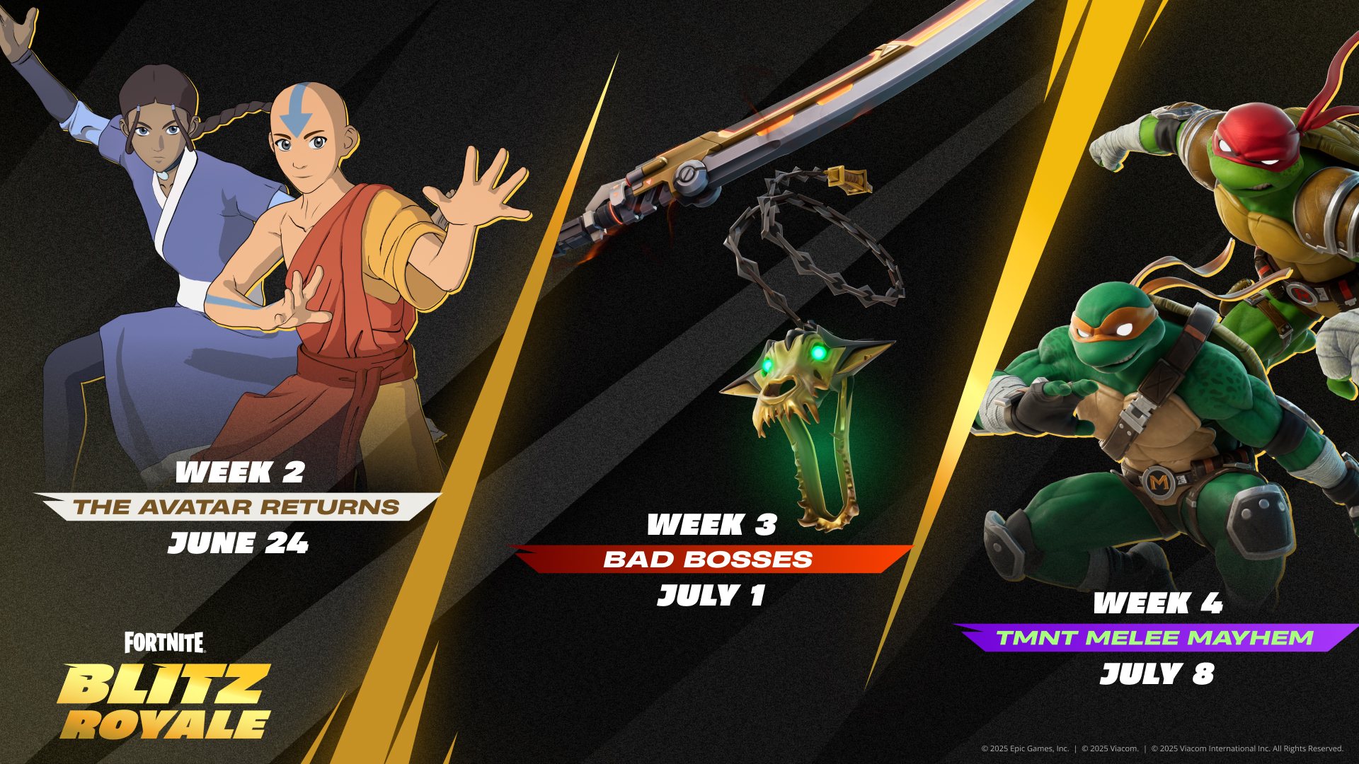A roadmap for Blitz updates: Avatar the Last Airbender on June 24; Bad Bosses on July 1; and Teenage Mutant Ninja Turtles on July 8.
