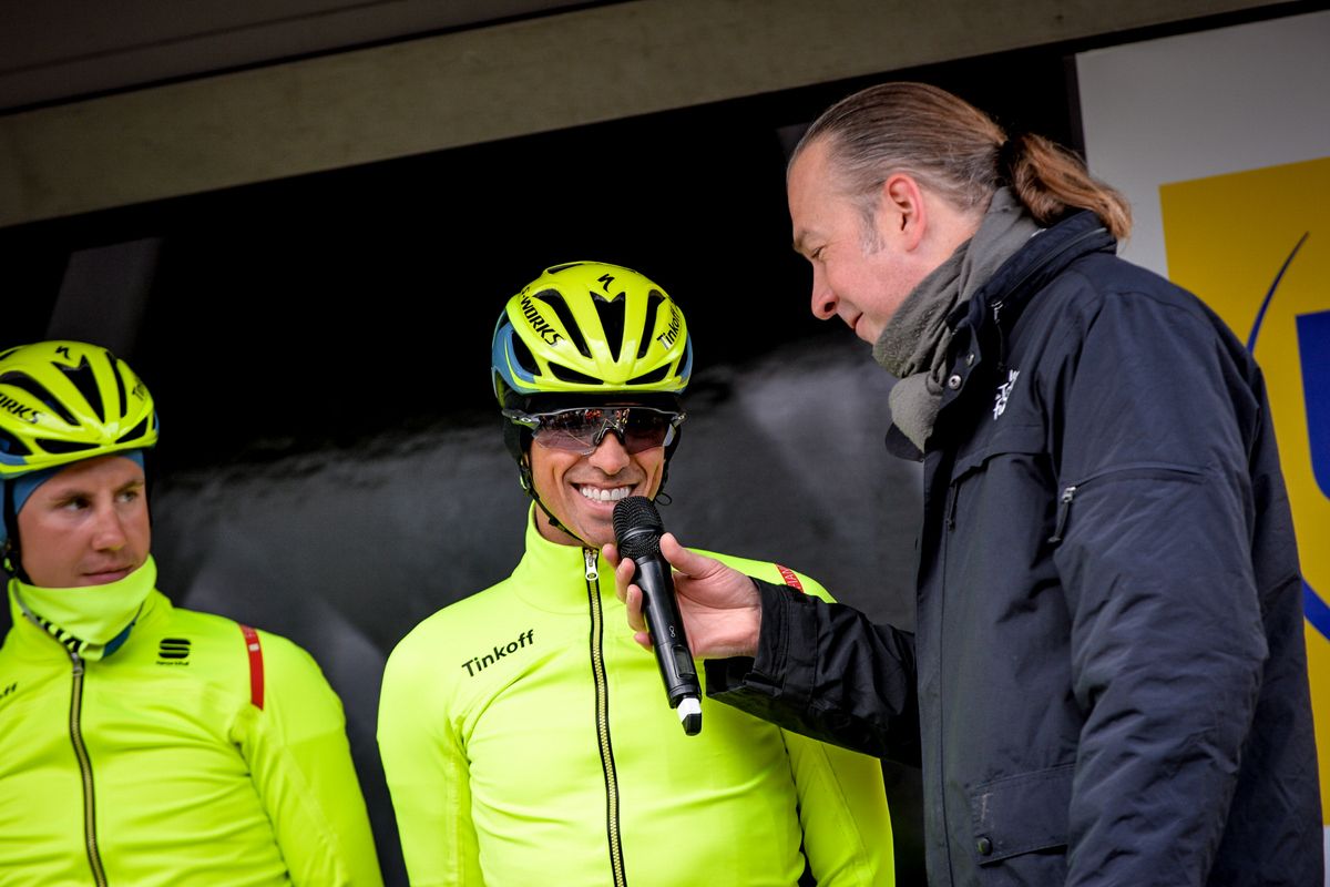 Alberto Contador is interviewed on stage