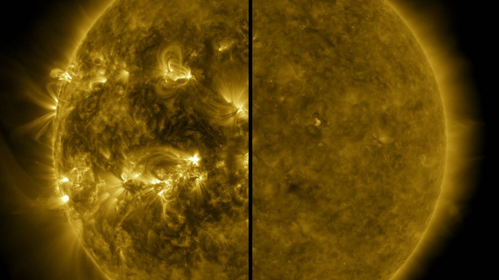 An image of the sun split in half. The left side shows the sun during solar maximum, where its is more fiery and chaotic, and the right side shows the star during solar minimum, when it is more calm and smooth