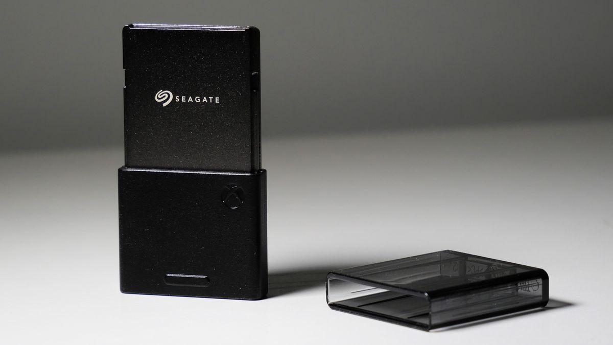 4TB Seagate Storage Expansion Card on a white desk, highlighting its light-and-thin design.