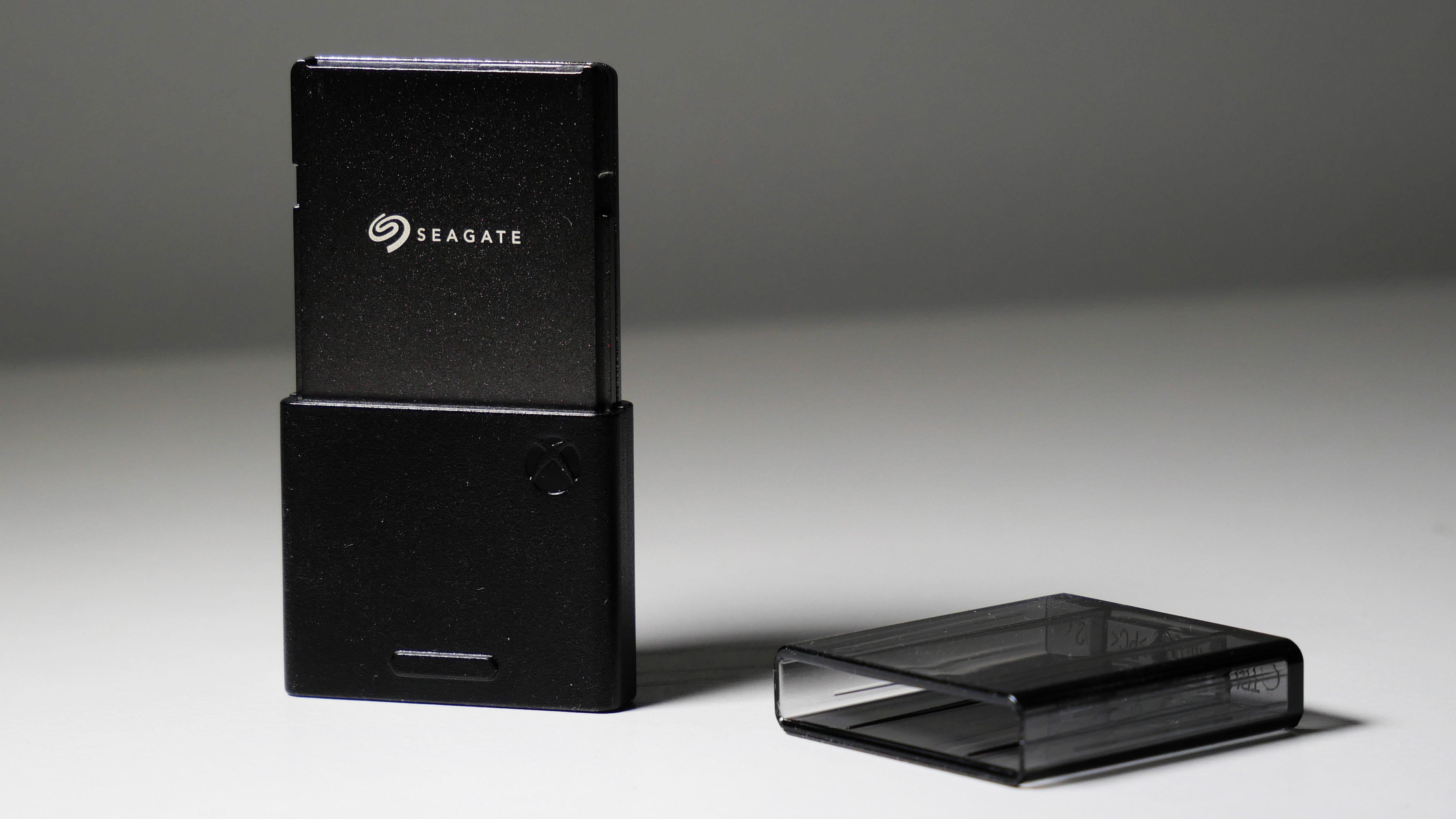 4TB Seagate Storage Expansion Card on a white desk, highlighting its light-and-thin design.