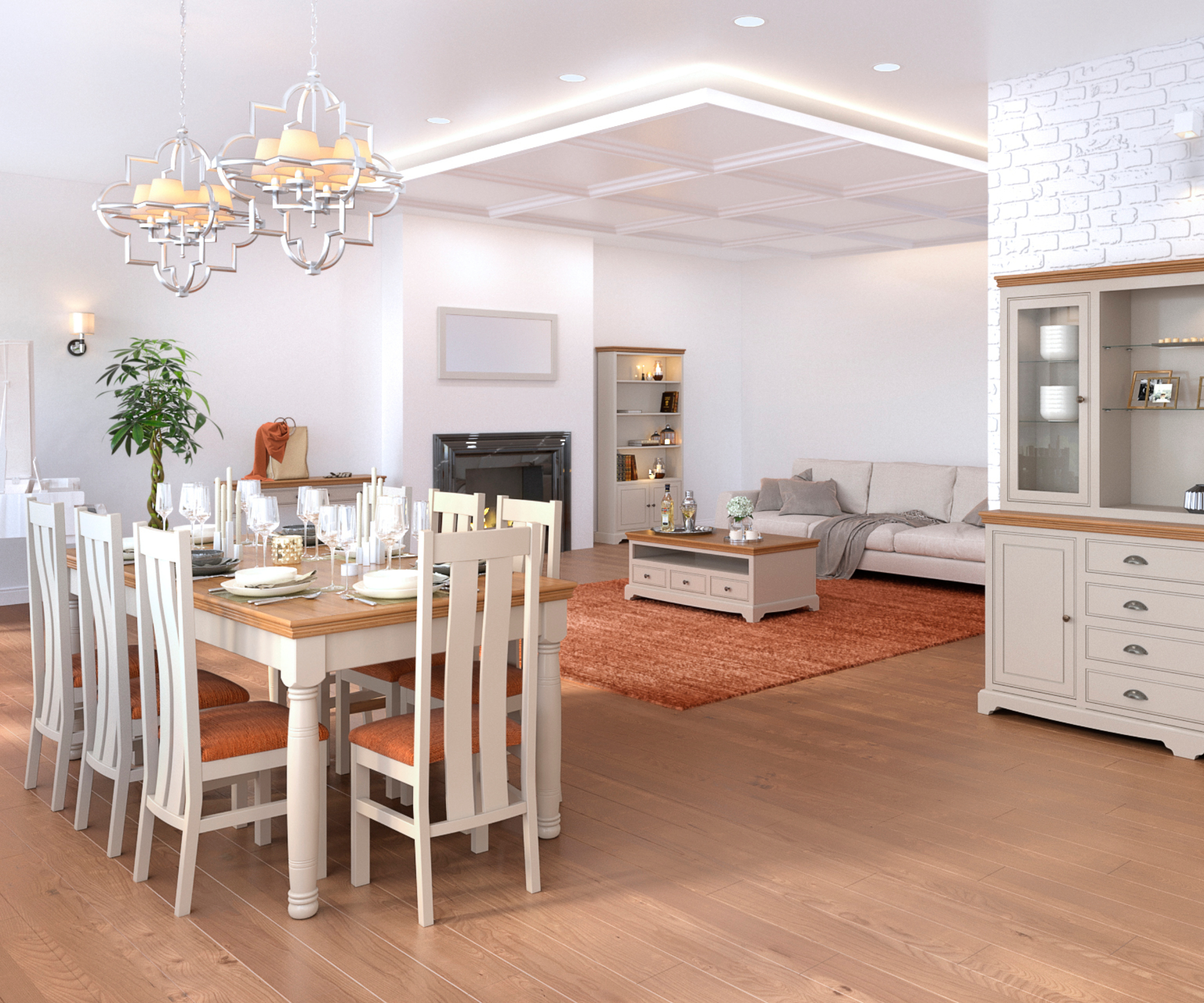 open plan scheme with wooden floor and panelled ceiling feature above living room sofas and table