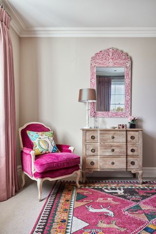 Pink mirror in master bedroom in a newly built house with a Georgian feel in Hampshire
