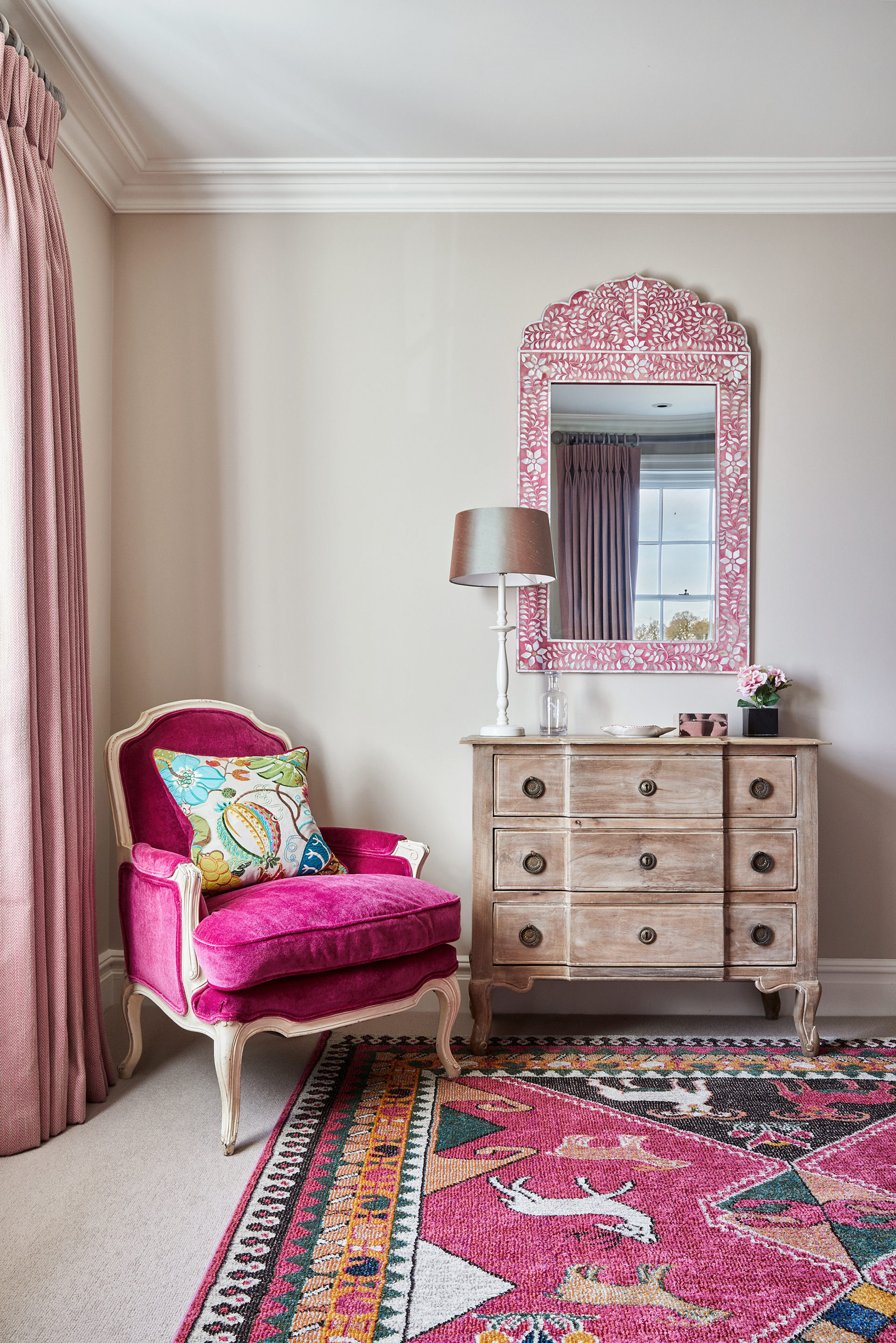 Pink mirror in master bedroom in a newly built house with a Georgian feel in Hampshire