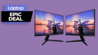 Samsung T350 dual monitor bundle on purple background with epic deals badge