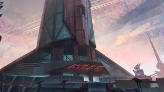 A tall, dark futuristic-looking skyscraper with a wide base. Large letters glowing red, spelling out Atlas are at the entrance.