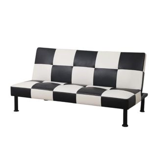 A black and white checked sleeper sofa on a white background.