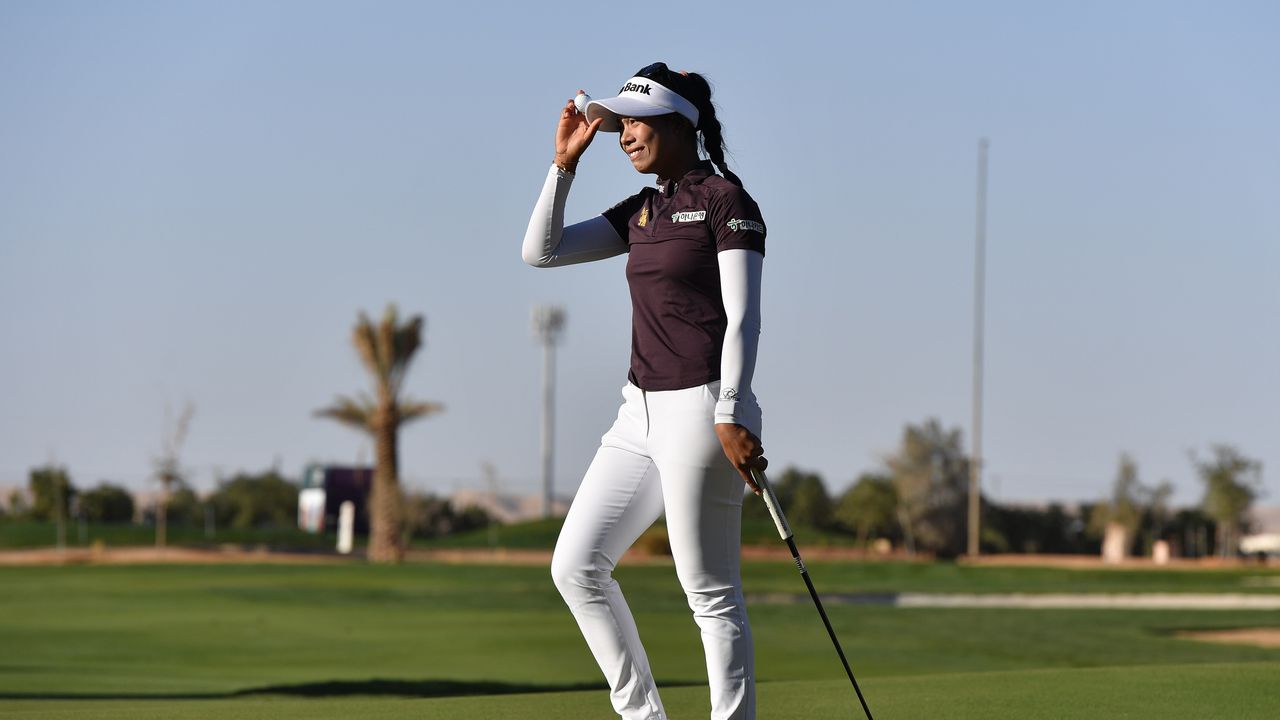 Thailand&#039;s Patty Tavatanakit pictured after holing the winning putt at the 2024 Aramco Saudi Ladies International