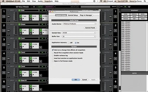 Fig. 2: The MultiRack Preferences Window. The Audio Device driver is set to PreSonus FireStudio. 