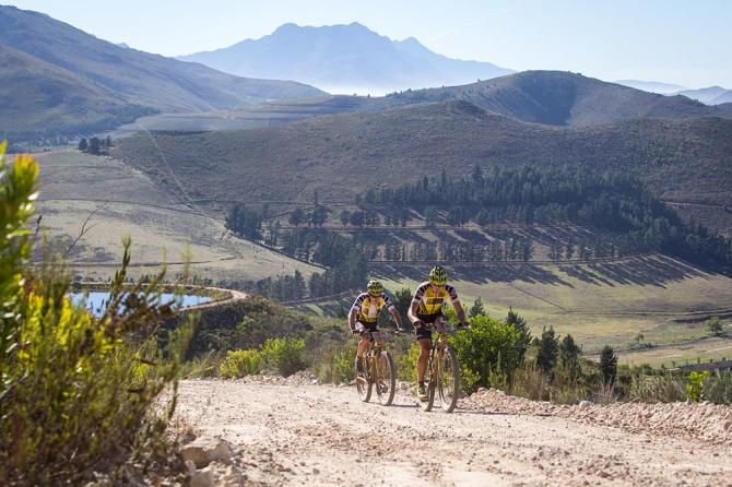 The yellow jersey leaders of Kristian Hynek and Robert Mennen of Topeak-Ergon Racing