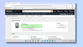 Screenshot showing how to find Kindle email address - Find email address under Device Summary