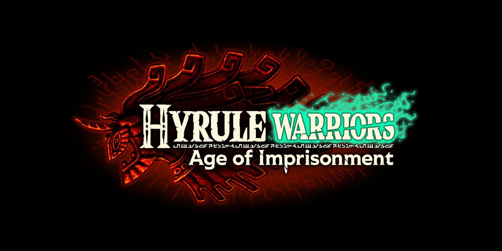The Hyrule Warriors Age of Imprisonment logo in white against a black background with a red drawing of a character behind