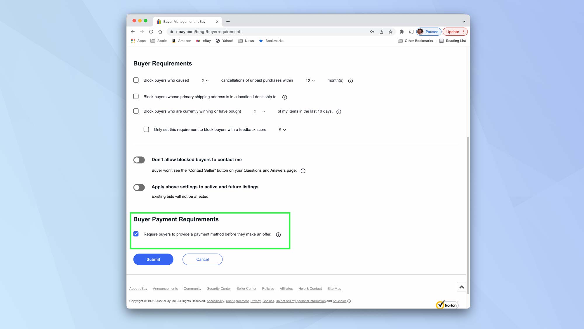 eBay's buyer requirements page with "buyer payment requirements" highlighted