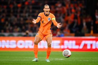 Netherlands Euro 2024 squad Virgil van Dijk of the Netherlands reacts during the friendly match between Netherlands and Scotland at Johan Cruyff Arena on March 22, 2024 in Amsterdam, Netherlands. (Photo by Marvin Ibo Guengoer - GES Sportfoto/Getty Images)