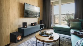the klipsch reference dolby atmos speakers in a living room
