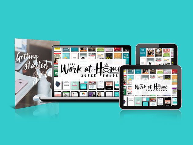 Laptops and tablets displaying the Work At Home super bundle landing page