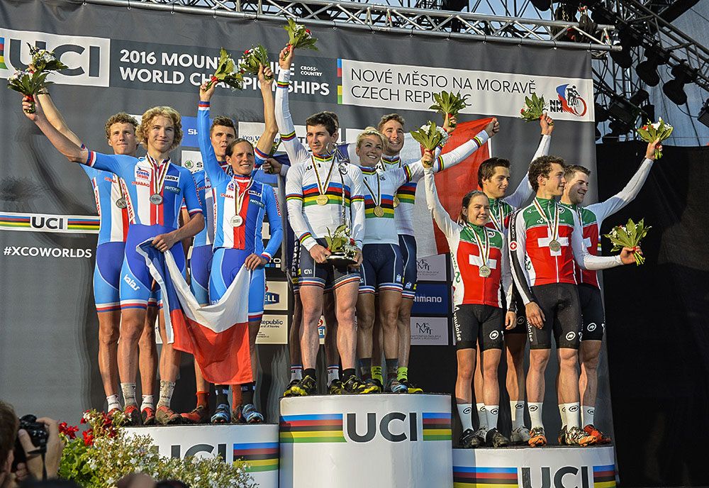 Czech Republic, France, Switzerland on the Team Relay podium