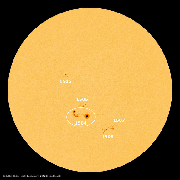 Active Region 1504 on the sun has been active since rotating into view. Image released June 14, 2012.