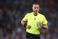 VIGO, SPAIN - FEBRUARY 26: Referee, Marco Guida looks on during the UEFA Europa League 2025/26 Knockout Play-off Second Leg match between Real Club Celta and PAOK FC at Estadio Abanca Balaidos on February 26, 2026 in Vigo, Spain. (Photo by Jose Manuel Alvarez Rey/Getty Images)