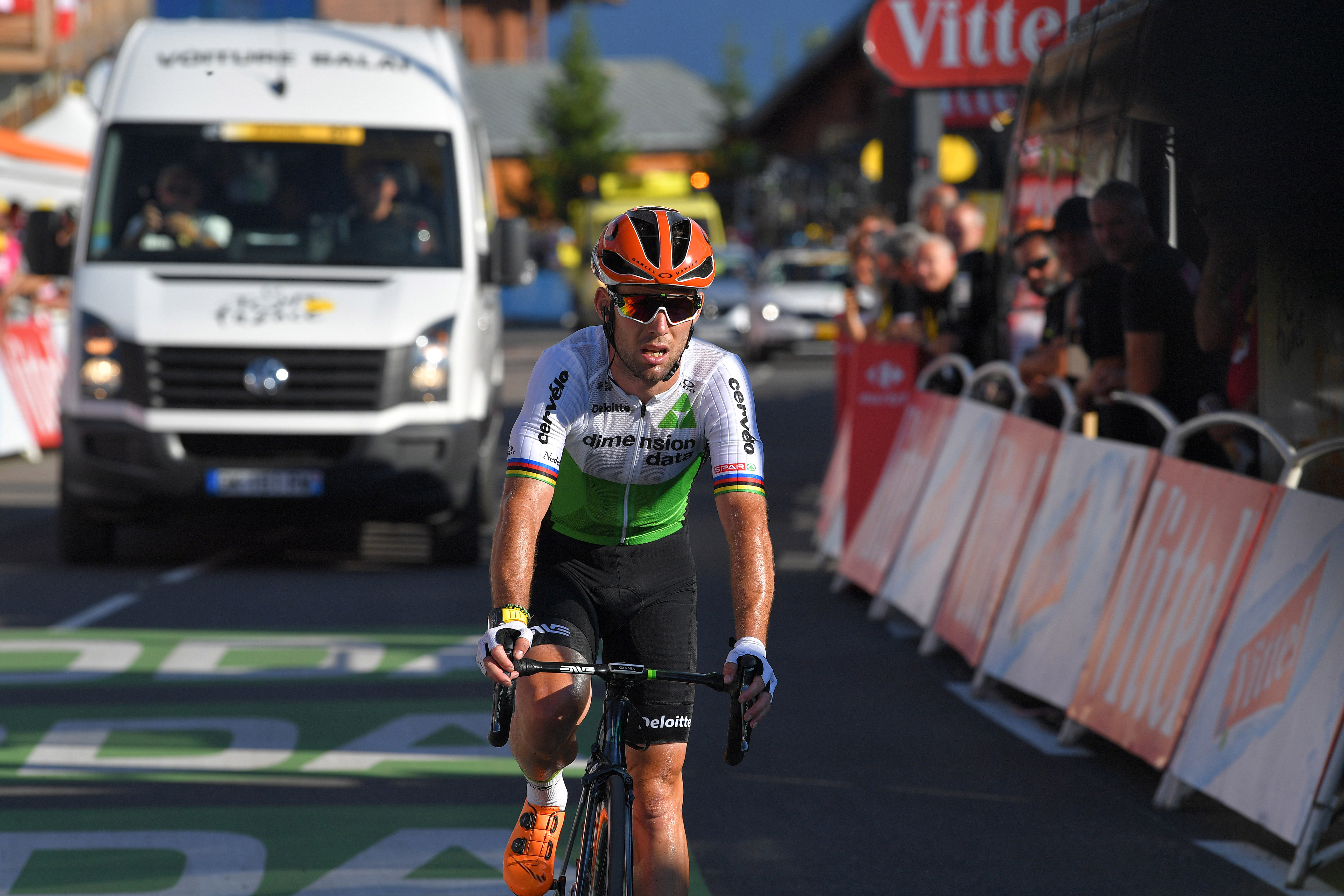 LA ROSIERE ESPACE SAN BERNARDO FRANCE JULY 18 Arrival Mark Cavendish of Great Britain and Team Dimension Data Out of Time arrival Delay Disappointment during the 105th Tour de France 2018 Stage 11 a 1085km stage from Albertville to La Rosiere Espace San Bernardo 1855m TDF on July 18 2018 in La Rosiere Espace San Bernardo France Photo by Tim de WaeleGetty Images