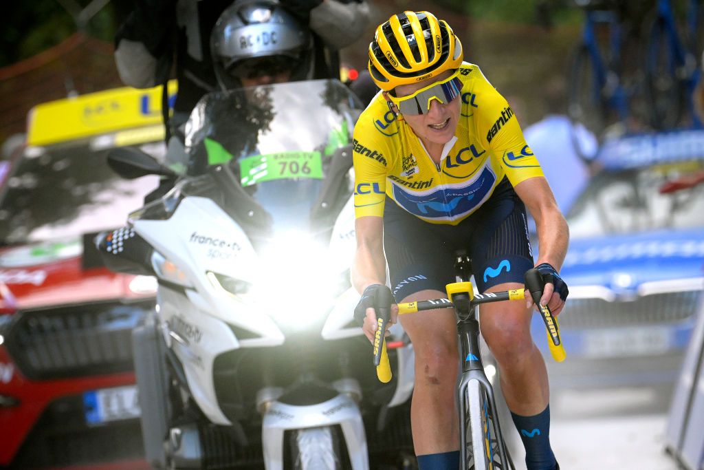 PLANCHE DES BELLES FILLES FRANCE JULY 31 Annemiek Van Vleuten of Netherlands and Movistar Team Yellow Leader Jersey competes in the breakaway to win the 1st Tour de France Femmes 2022 Stage 8 a 1233km stage from Lure to La Super Planche des Belles Filles TDFF UCIWWT on July 31 2022 in Planche des Belles Filles France Photo by Bernard Papon PoolGetty Images