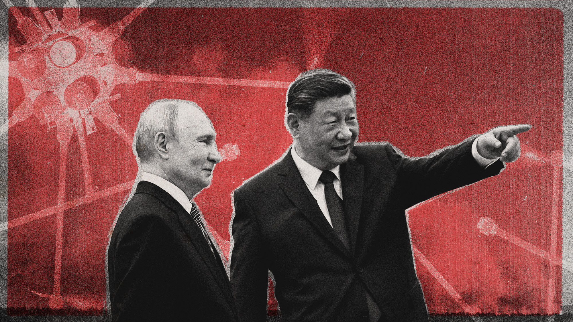 Photo collage of Vladimir Putin, Xi Jinping, and drones