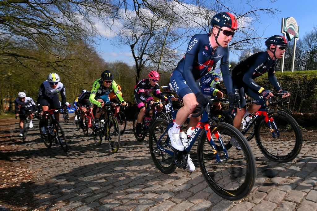 KOKSIJDE BELGIUM MARCH 19 Ethan Hayter of United Kingdom and Team INEOS Grenadiers Cameron Wurf of Australia and Team INEOS Grenadiers during the 19th Bredene Koksijde Classic 2021 a 199km race from Bredene to Koksijde Cobblestones Kemmelberg BredeneKoksijde on March 19 2021 in Koksijde Belgium Photo by Luc ClaessenGetty Images