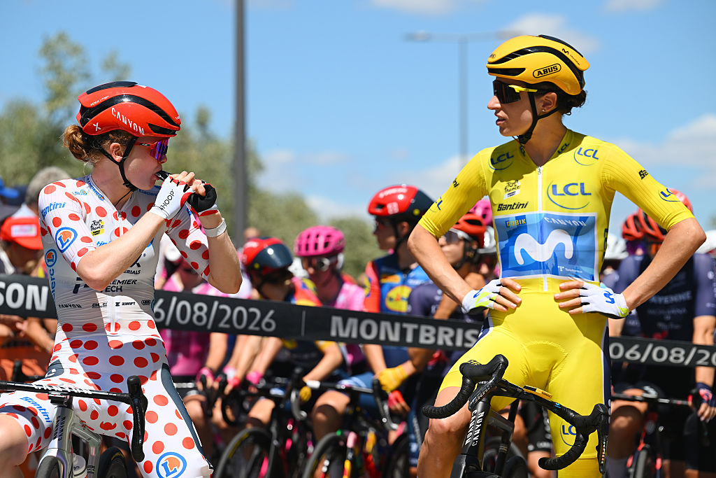 MONTBRISON, FRANCE - AUGUST 06: (L-R) Puck Pieterse of Netherlands and Team Fenix - Premier Tech - Polka Dot Mountains Jersey and Marlen Reusser of Switzerland and Team Movistar - Yellow Leader Jersey prior to the 5th Tour de France Femmes 2026, Stage 6 a 153.4km stage from Montbrison to Tournon-sur-Rhon / #UCIWWT / on August 06, 2026 in Montbrison, France. (Photo by Tim de Waele/Getty Images)