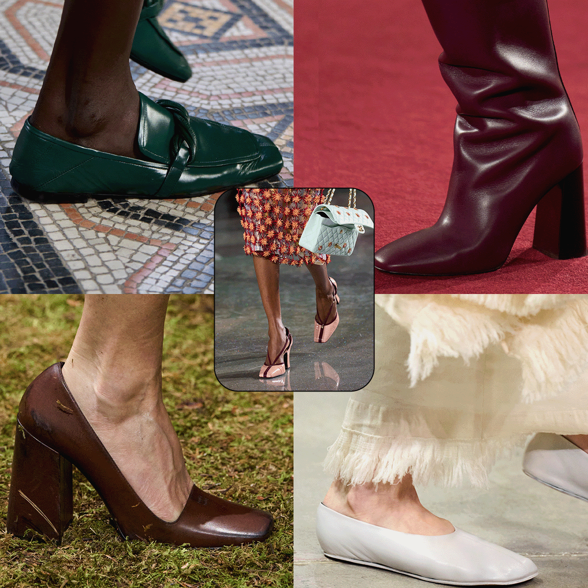Shoe color trends for fall 2026 are shown in a collage of runway images depicting colorful footwear