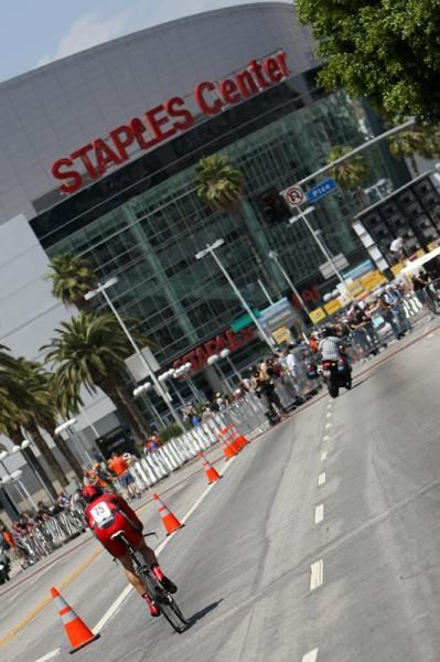 Chad Beyer (BMC Racing Team) nears the Staples Center in LA.